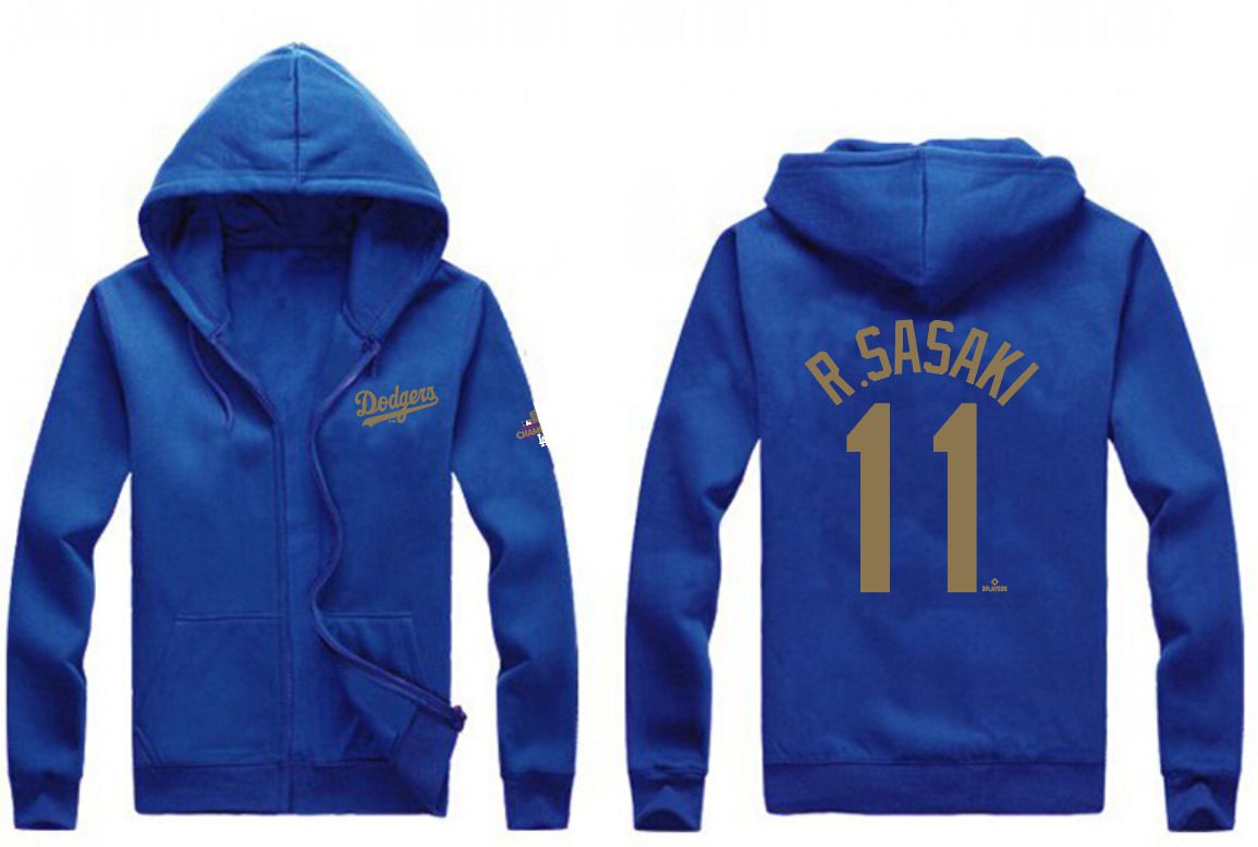 Men Los Angeles Dodgers #11 R.Sasaki Blue Zipper hoodie 2025 MLB Jersey style 1